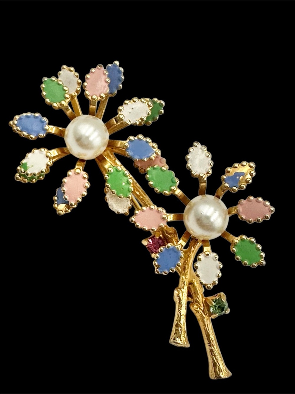 Made in Austria Signed Vintage Uranium Glass Stone Flower Brooch